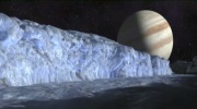 Depiction of view of Jupiter from moon Europa